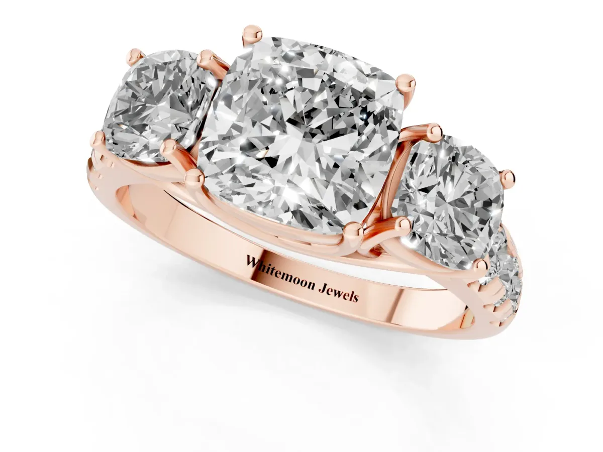 Three-Stone Cushion Cut Diamond Pavé Band with Prong Setting Rose gold