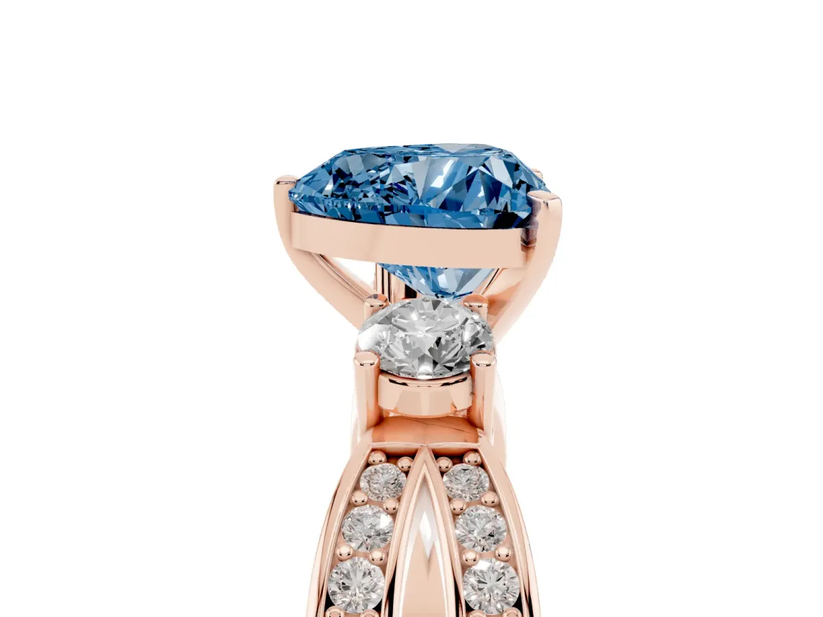 Fancy Blue Three-Stone Heart Cut Cut Diamond Twist Band with Prong Setting Rose gold