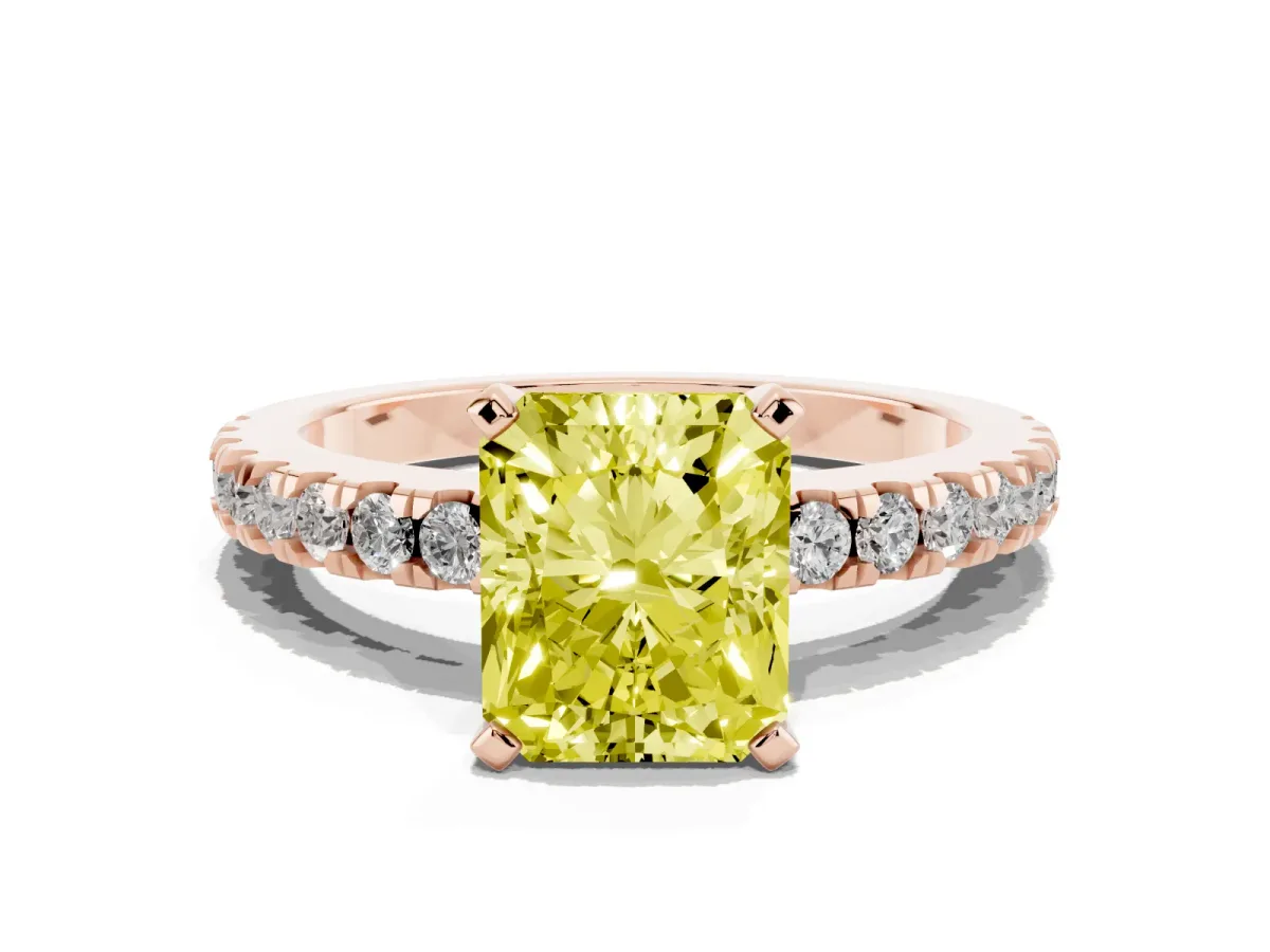 Fancy Yellow Radiant Cut Solitaire Diamond with Pavé Band and Four-Prong Setting Rose gold