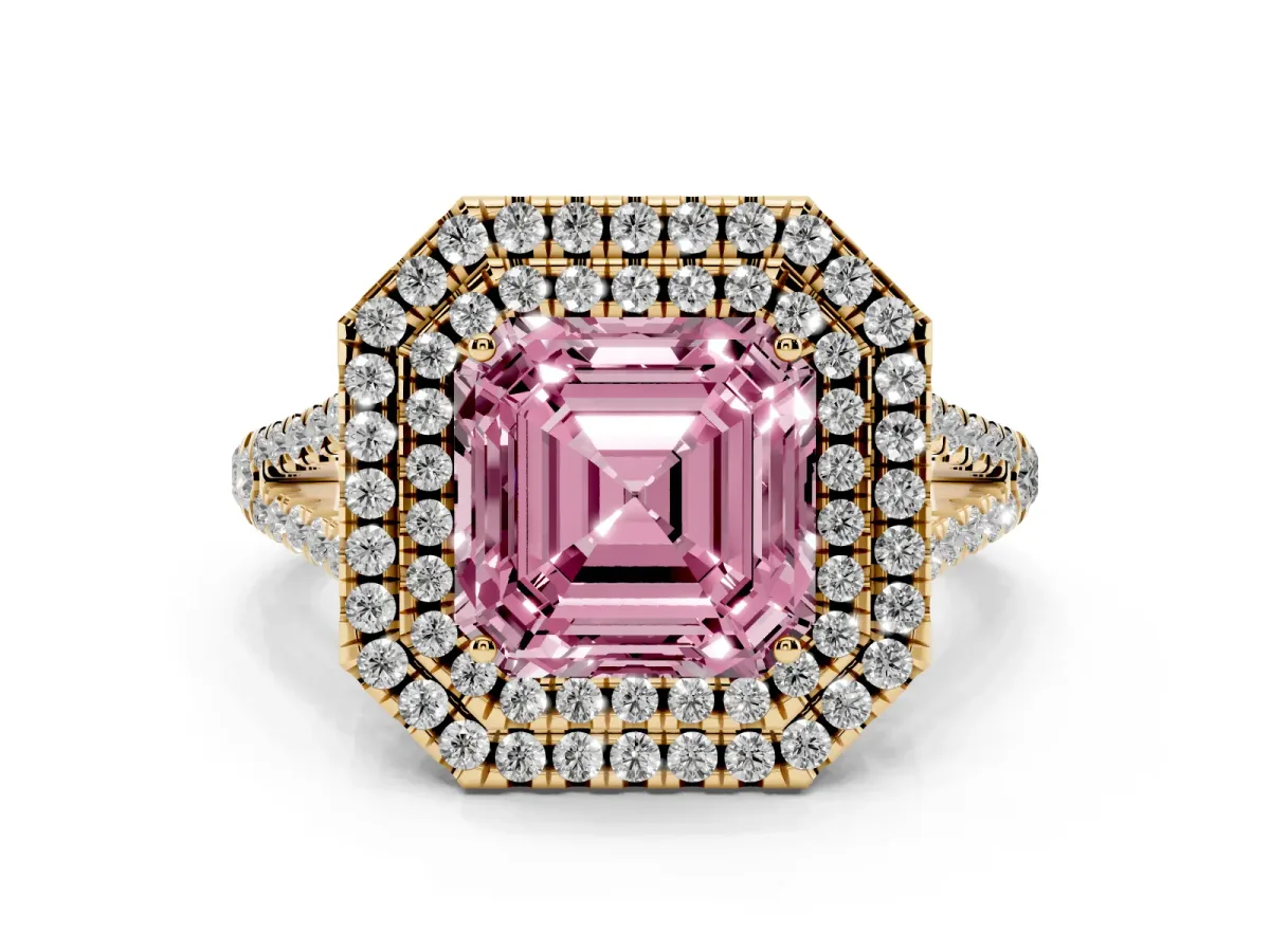 Fancy Pink Asscher Cut Diamond Double Halo Ring with Pavé Band and Prong Setting Yellow gold