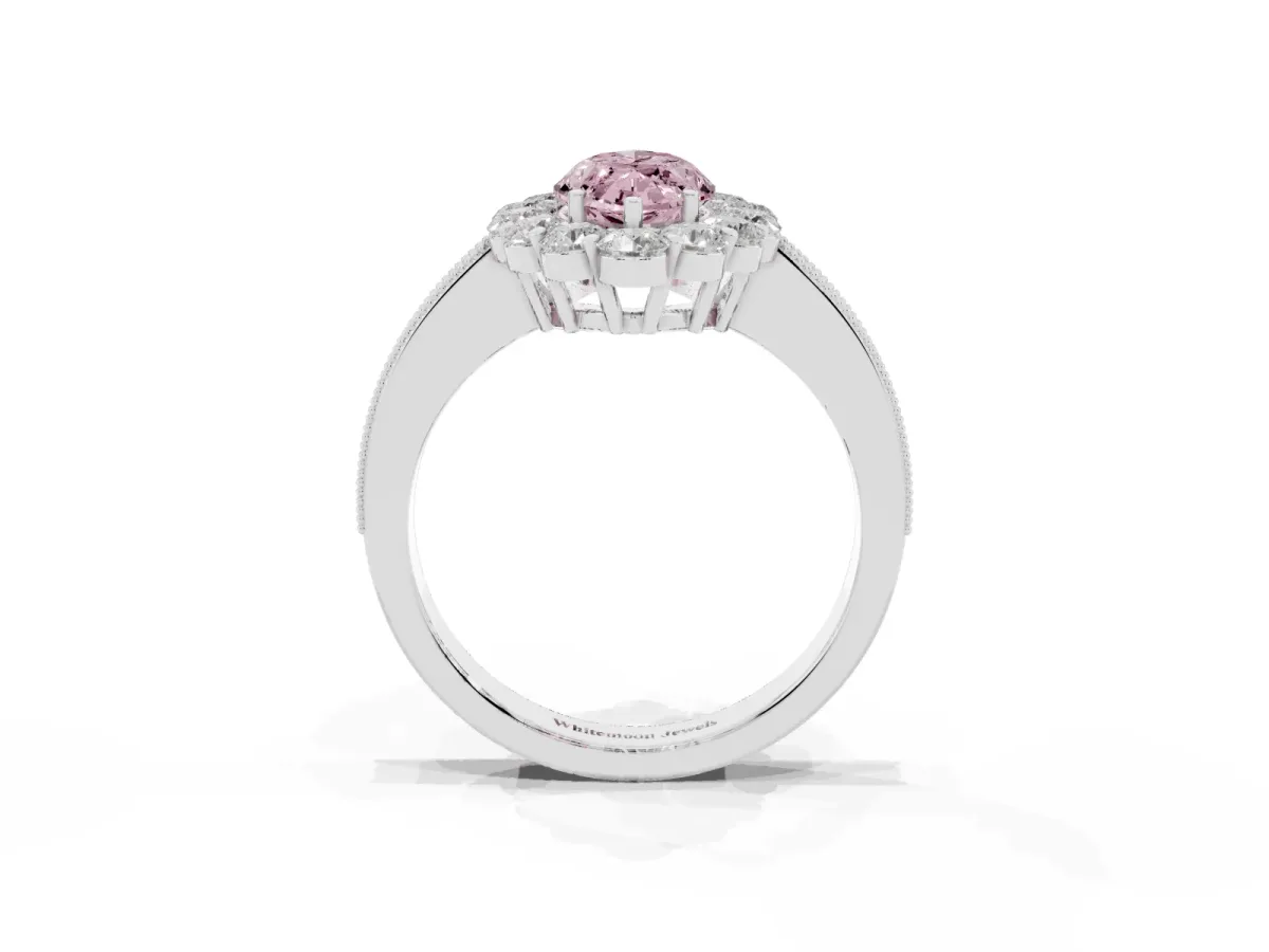 Fancy Pink Marquise Cut Cut Halo Diamond Pavé Engagement Ring with Milgrain Detailing Platinum