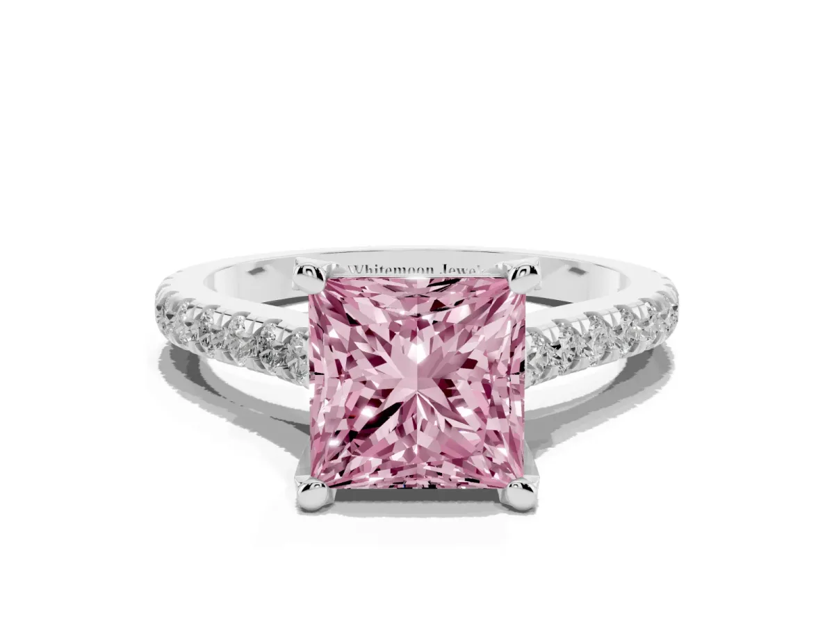 Fancy Pink Princess Cut Brilliant Diamond Solitaire with Pavé Band and Four-Prong Setting Silver