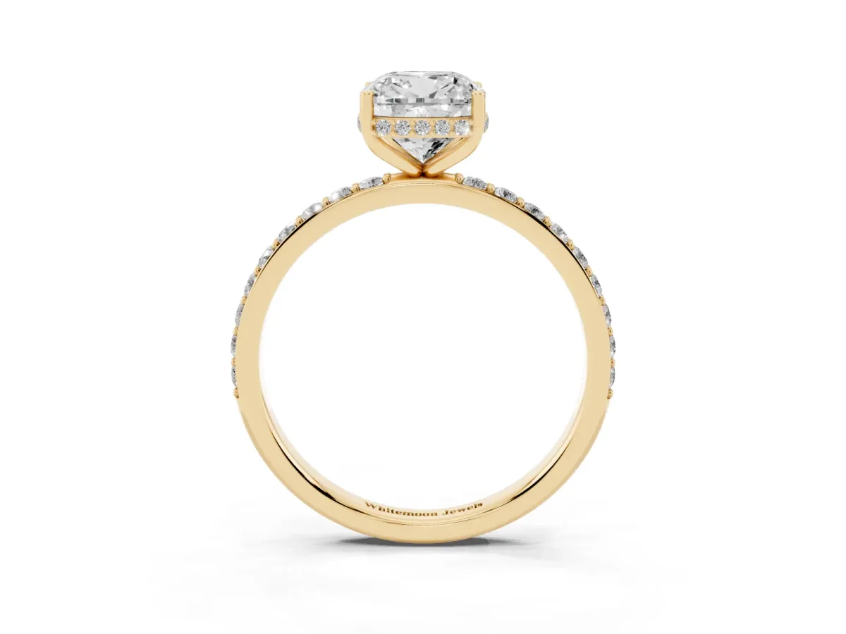 Cushion Cut Diamond Solitaire Ring with Pavé Band and Hidden Halo Yellow gold