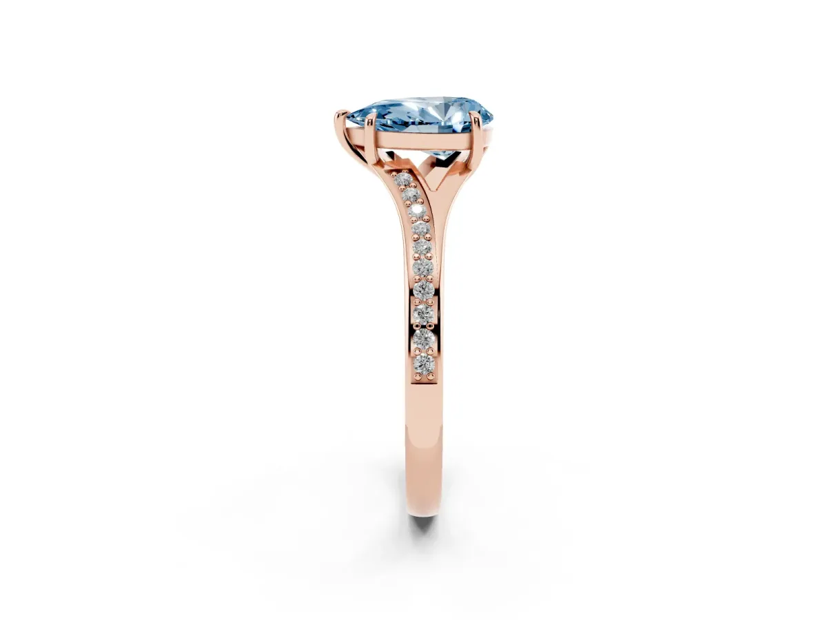 Fancy Blue Pear Cut Diamond Solitaire Ring with Pavé Band and Prong Setting Rose gold
