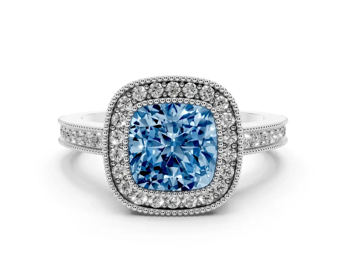 Fancy Blue Cushion Cut Cut Halo Diamond Ring with Pavé Band and Milgrain Prong Setting Platinum