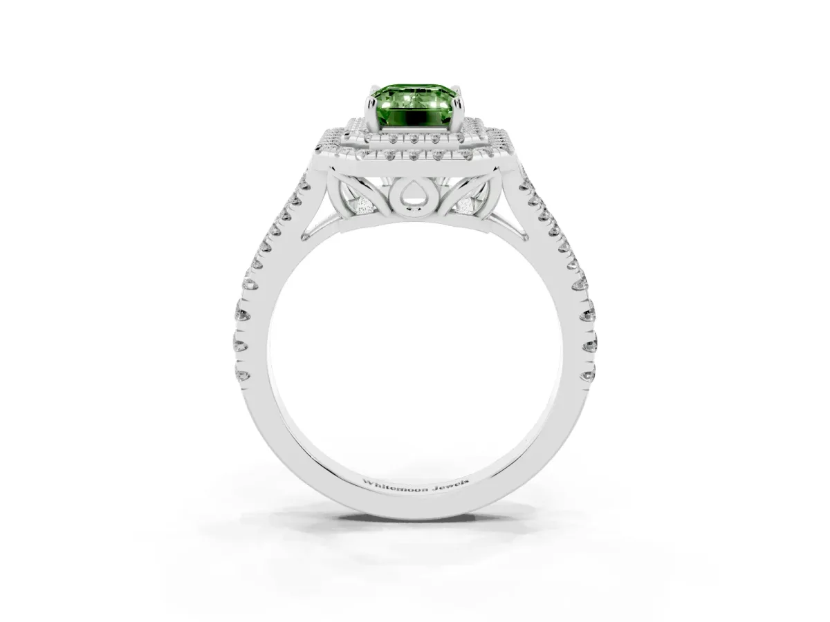 Fancy Green Emerald Cut Diamond Double Halo Ring with Pavé Band and Prong Setting Silver