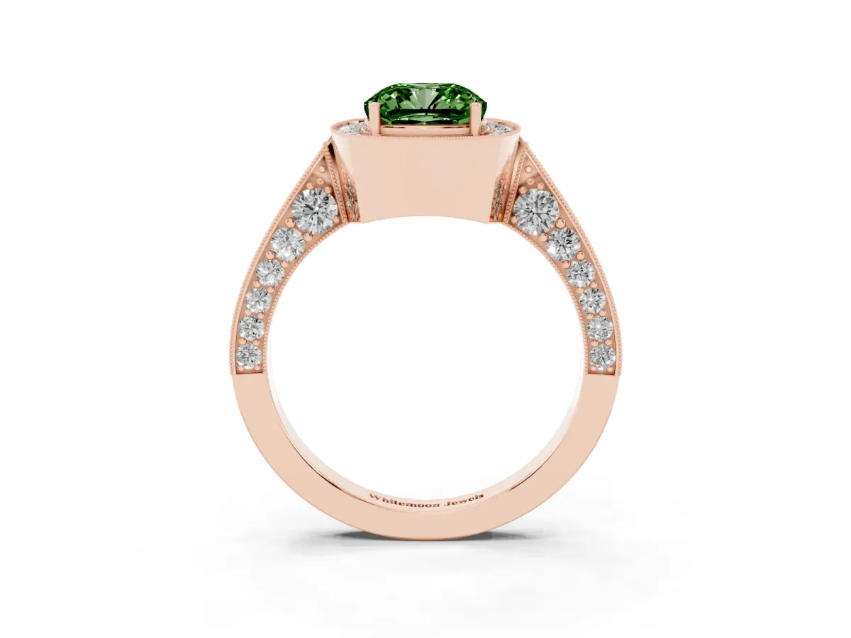 Fancy Green Cushion Cut Halo Diamond Engagement Ring with Split Shank Band and Four-Prong Setting Rose gold