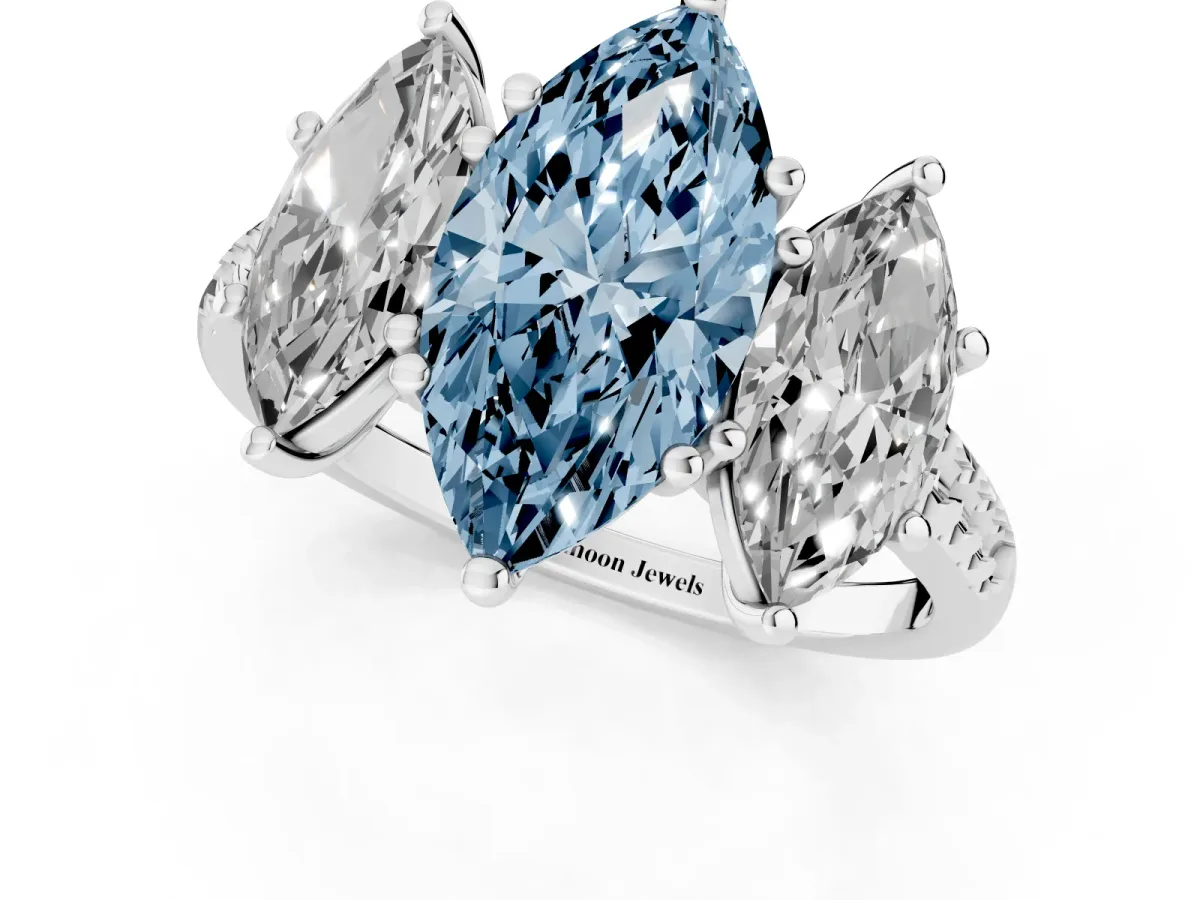 Fancy Blue Three-Stone Marquise Cut Diamond Ring with Round Pavé Band and Prong Setting Silver