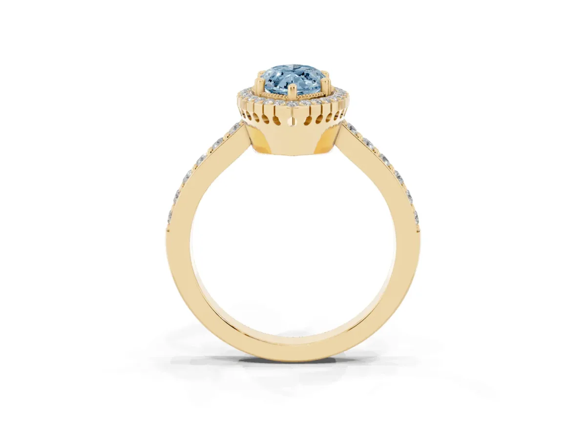 Fancy Blue Marquise Cut Cut Diamond Halo Engagement Ring with Milgrain Detail and Pavé Band Yellow gold