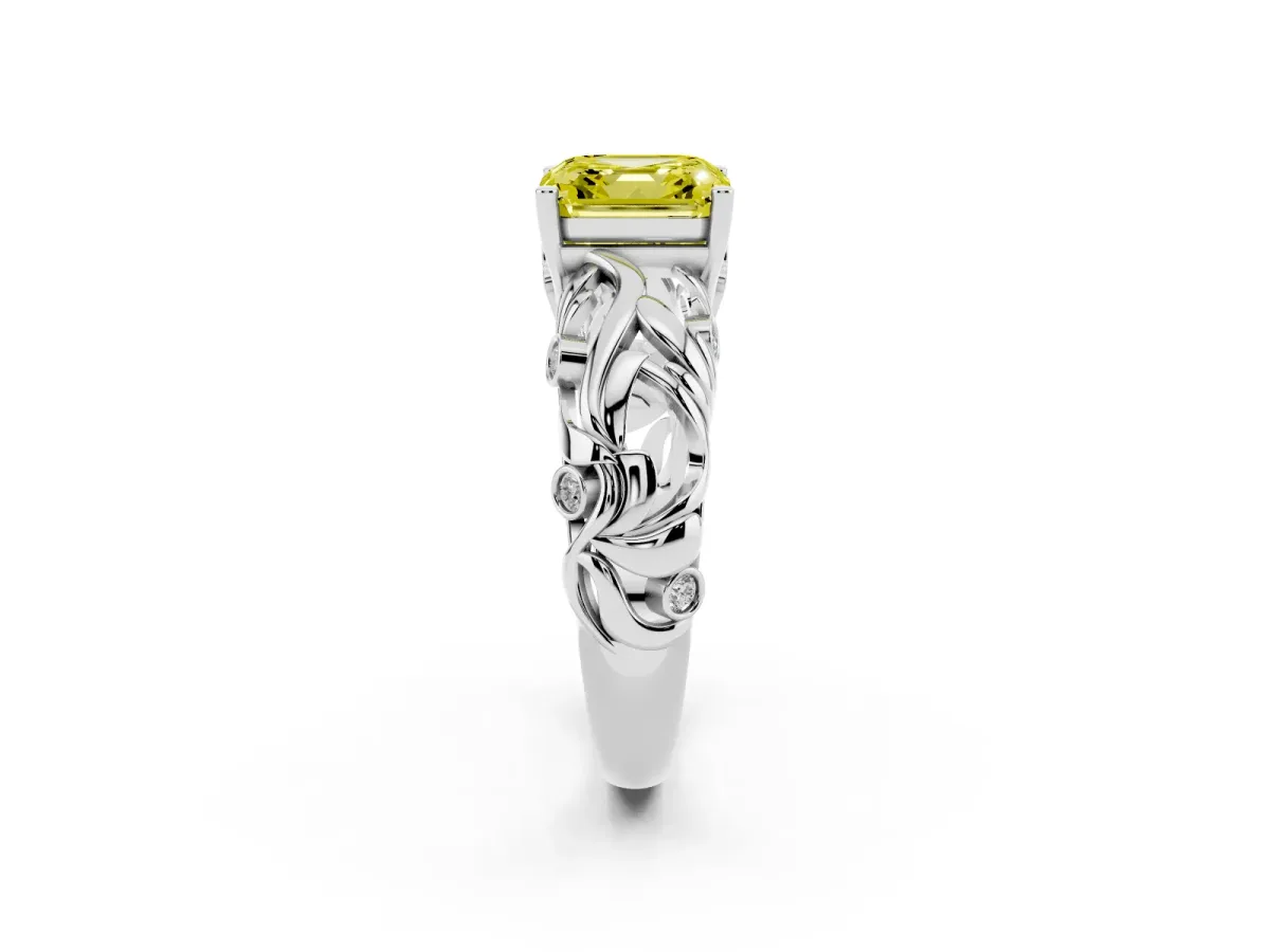 Fancy Yellow Asscher Cut Solitaire Diamond Leaf-Inspired Vine Band Ring with Prong Setting Platinum