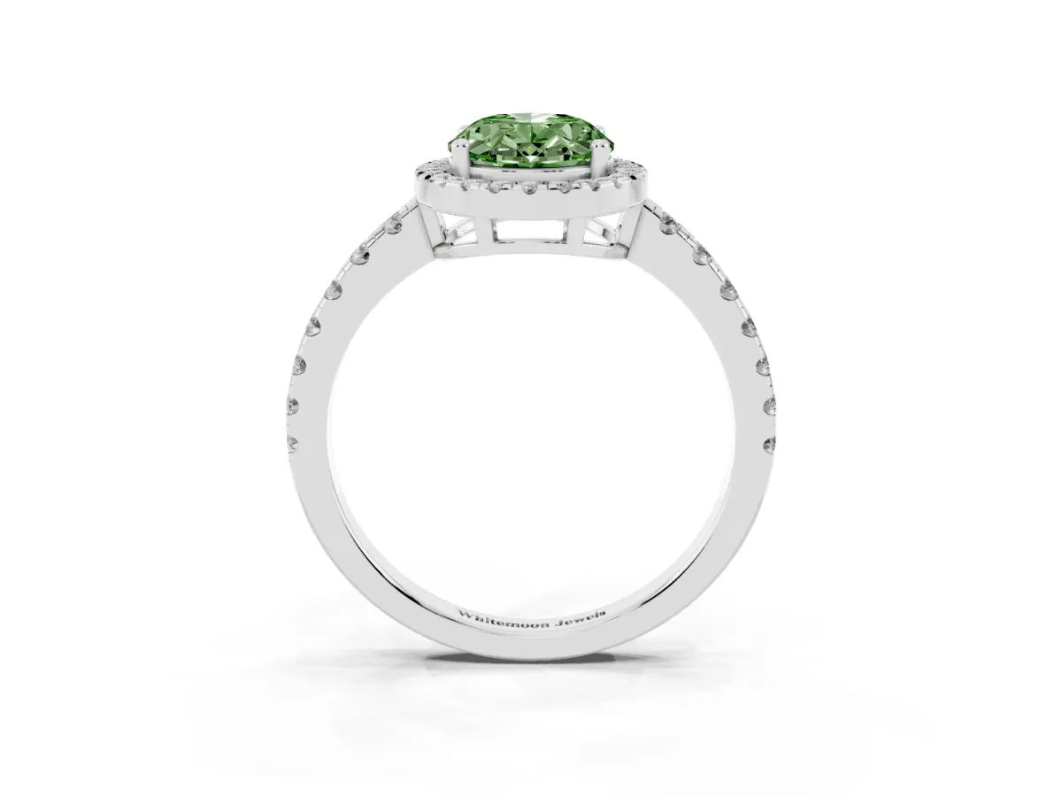Fancy Green Oval Cut Diamond Halo Ring with Pavé Band and Four-Prong Setting Platinum