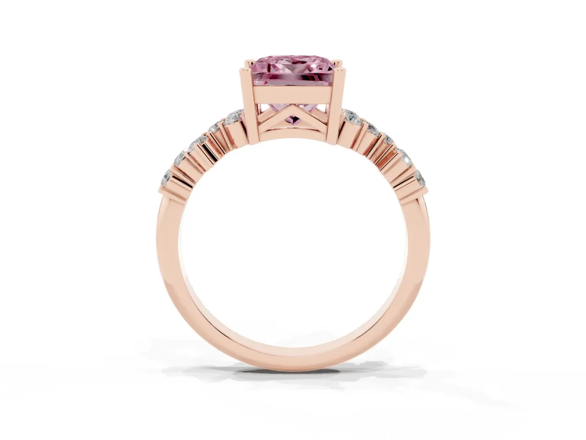 Fancy Pink Princess Cut Diamond Scattered Round Accent Ring with Prong Setting Rose gold