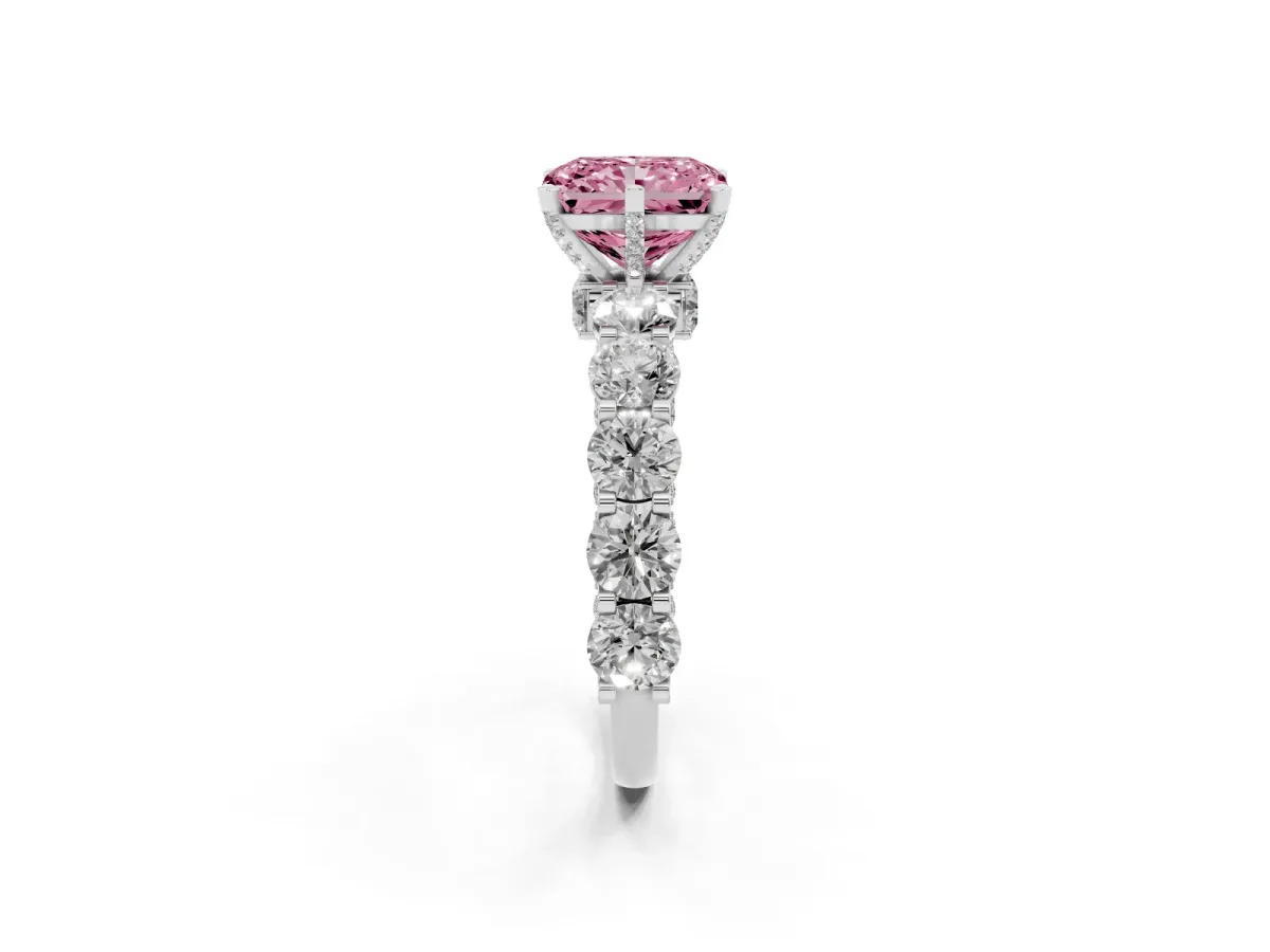 Fancy Pink Radiant Cut Diamond Side Stone Engagement Ring with Four-Prong Setting Silver