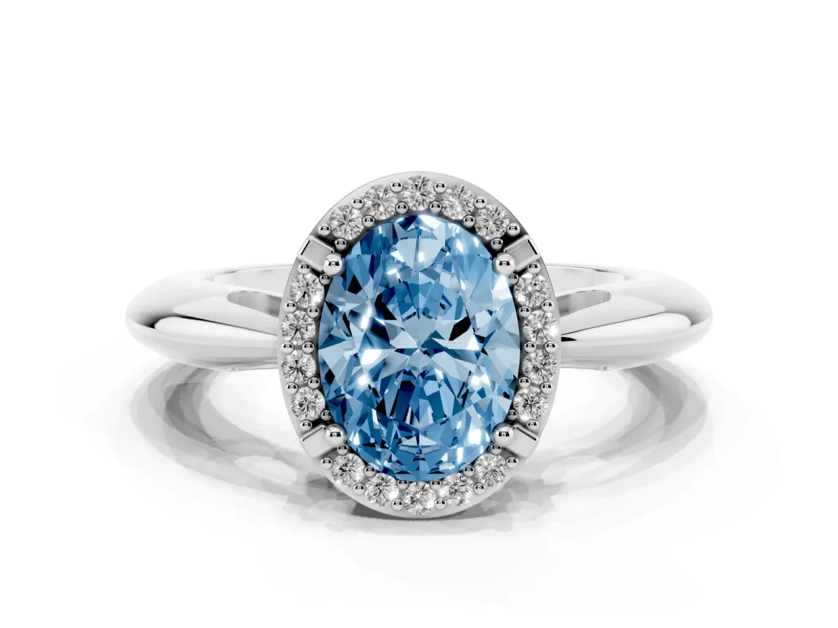 Fancy Blue Oval Cut Cut Diamond Halo Engagement Ring with Split Shank and Four-Prong Setting Silver