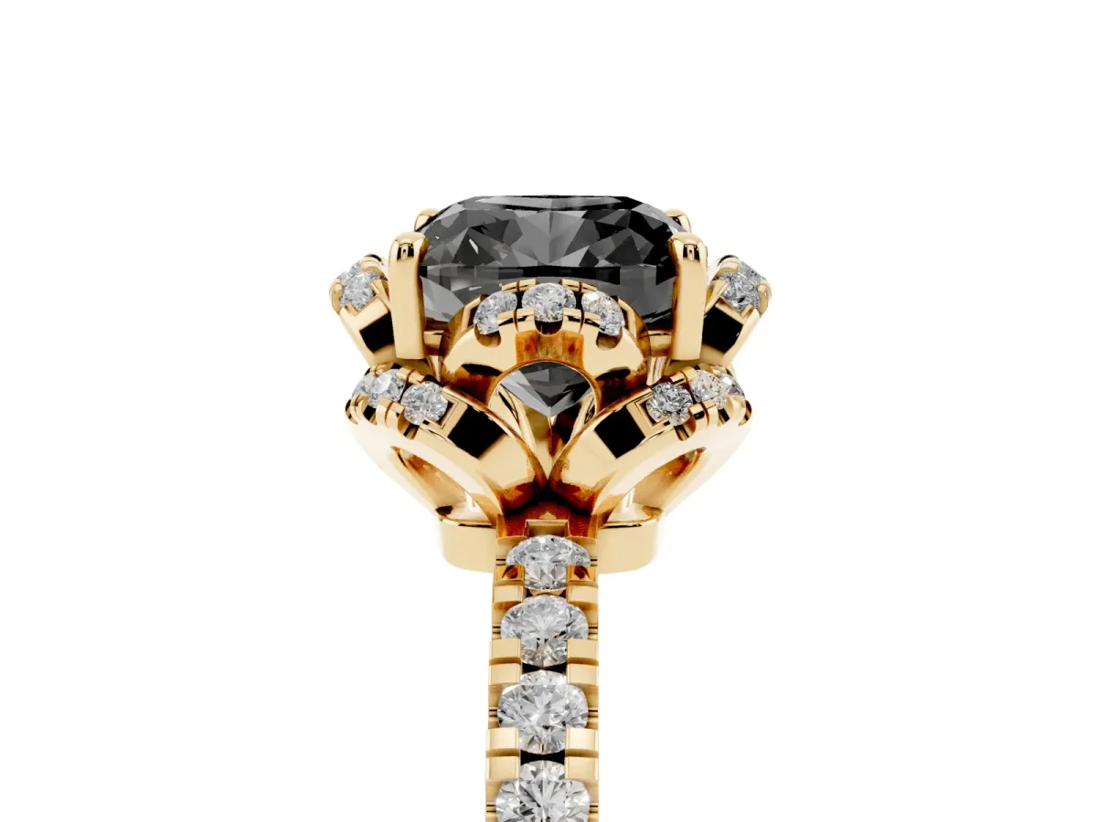 Fancy Black Cushion Cut Diamond Halo Pave Band with Four-Prong Setting Yellow gold