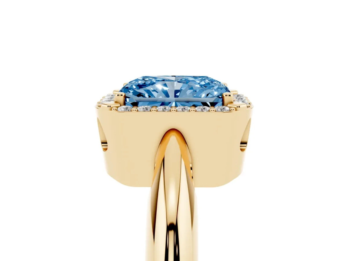 Fancy Blue Radiant Cut Cut Diamond Halo Engagement Ring with Split Shank and Four-Prong Setting Yellow gold