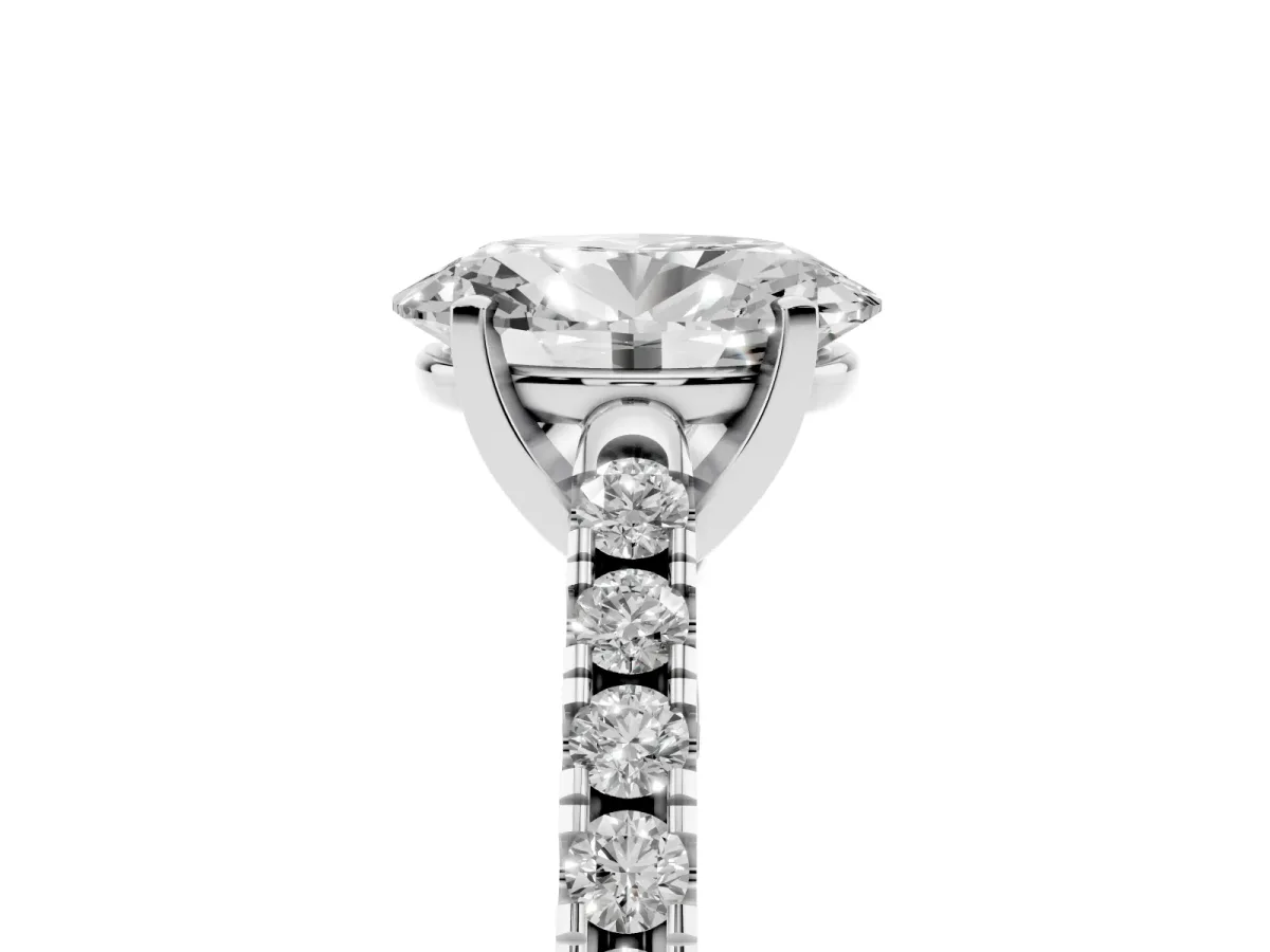 Oval Cut Diamond Pavé Band Solitaire Ring with Prong Setting Silver