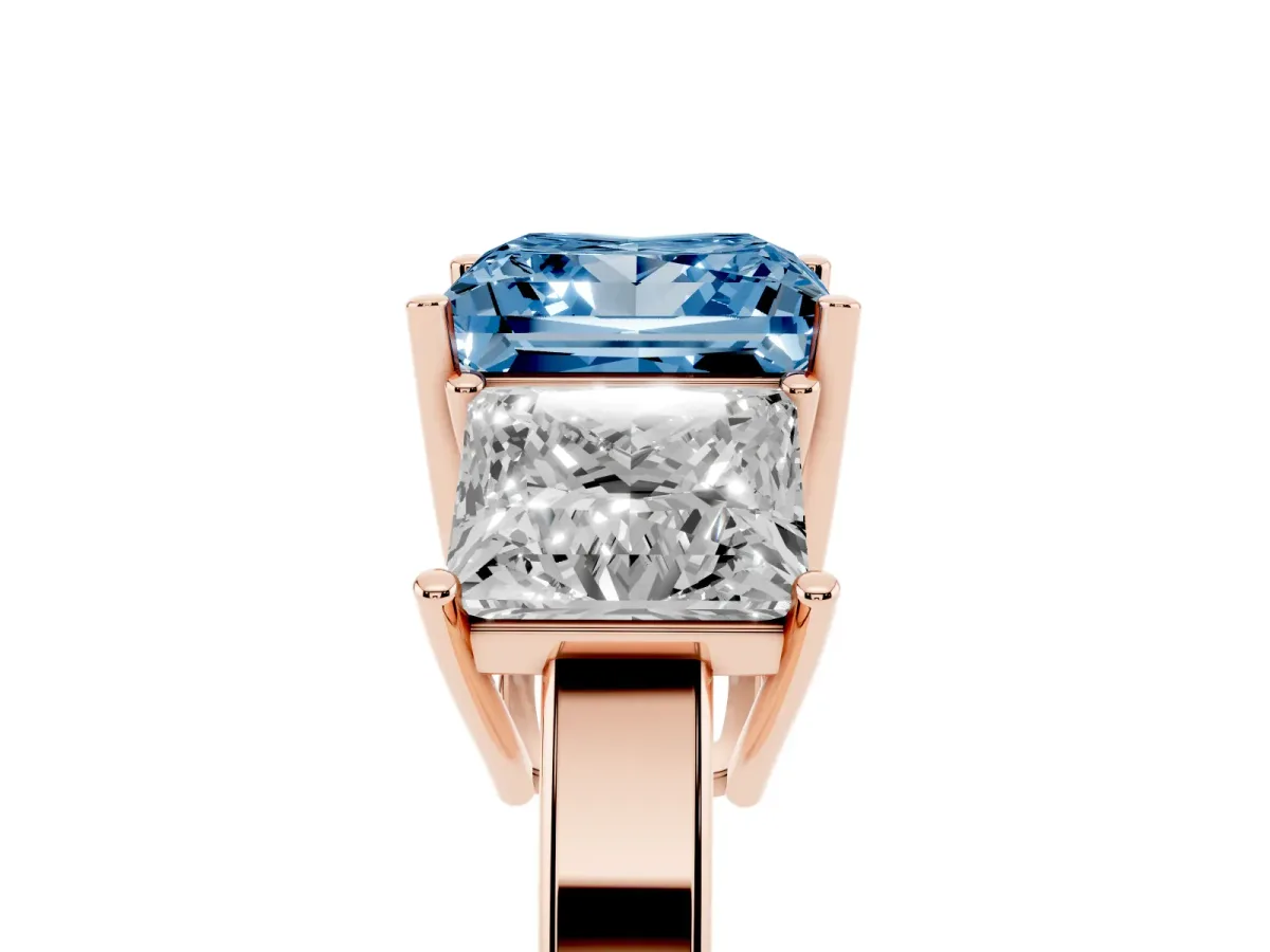 Fancy Blue Three-Stone Princess Cut Cut Diamond Engagement Ring with Flat Band and Four-Prong Setting Rose gold