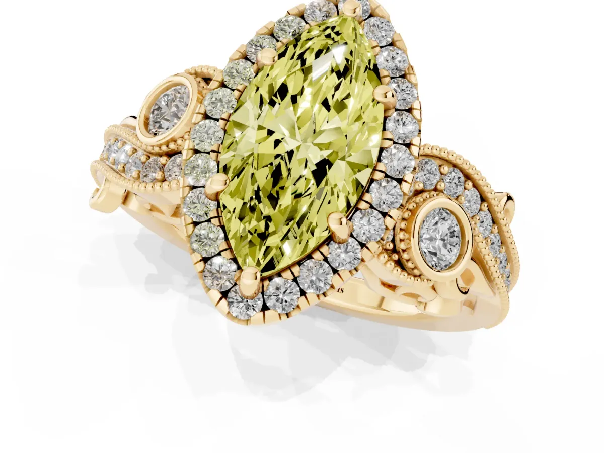 Fancy Yellow Marquise Cut Halo Diamond Ring with Milgrain and Bezel Accents on a Split Shank Band Yellow gold