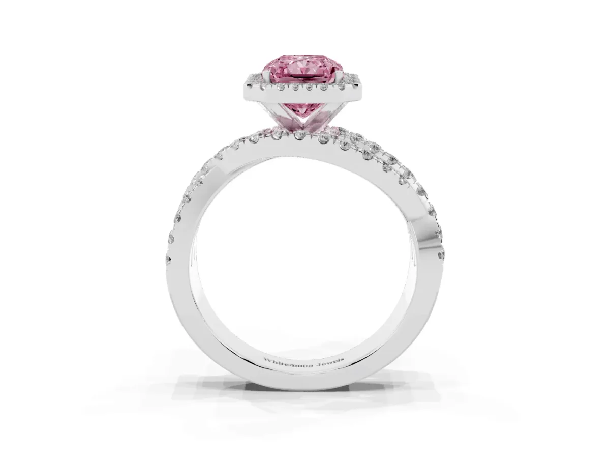 Fancy Pink Radiant Cut Diamond Halo Ring with Round Split Shank and Prong Setting Silver