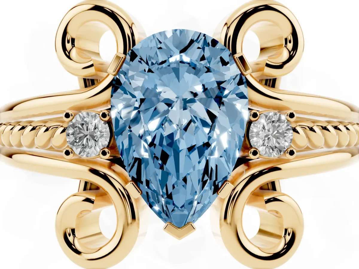 Fancy Blue Pear Cut Solitaire Twisted Band Scroll Prong Ring Yellow gold