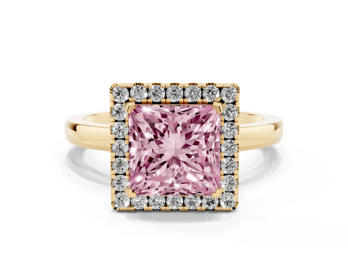 Fancy Pink Princess Cut Halo Diamond Solitaire with Pavé Band and Four-Prong Setting Yellow gold