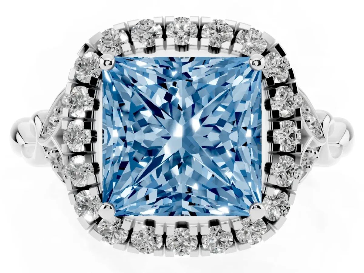 Fancy Blue Princess Cut Halo Diamond Engagement Ring with Vintage-Inspired Band and Four-Prong Setting Silver