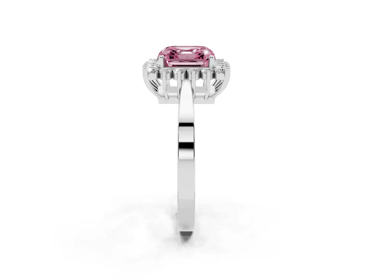 Fancy Pink Asscher Cut Cut Diamond Halo Ring with Round Brilliant Halo and Solitaire Band Platinum