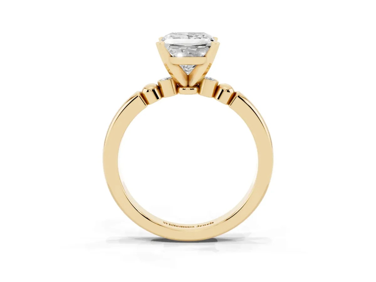 Princess Cut Solitaire Beaded Band with Four-Prong Setting Yellow gold