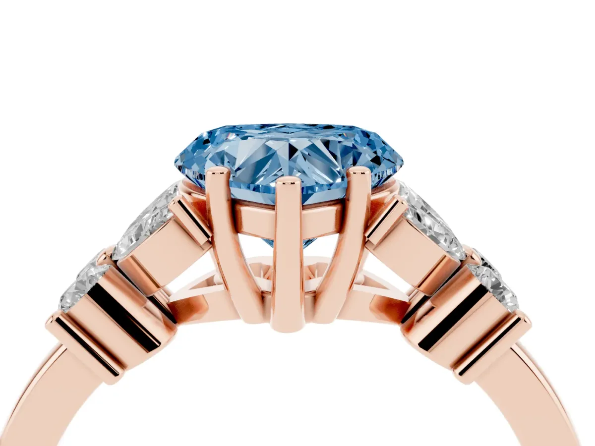 Fancy Blue Heart Cut Diamond Floral Cluster Ring with Solitaire Band and Prong Setting Rose gold