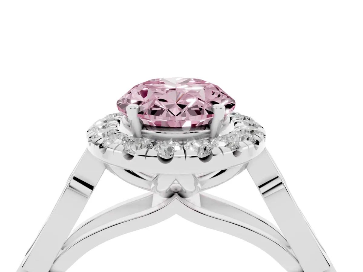 Fancy Pink Oval Cut Halo Diamond Engagement Ring with Filigree Band and Four-Prong Setting White gold