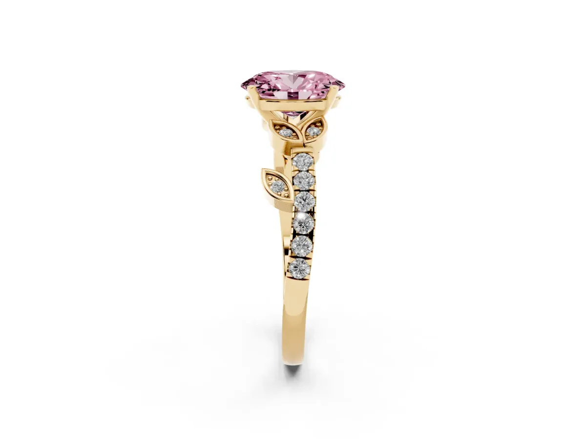 Fancy Pink Oval Cut Solitaire Leaf-Inspired Diamond Ring with Pavé Band and Four-Prong Setting Yellow gold
