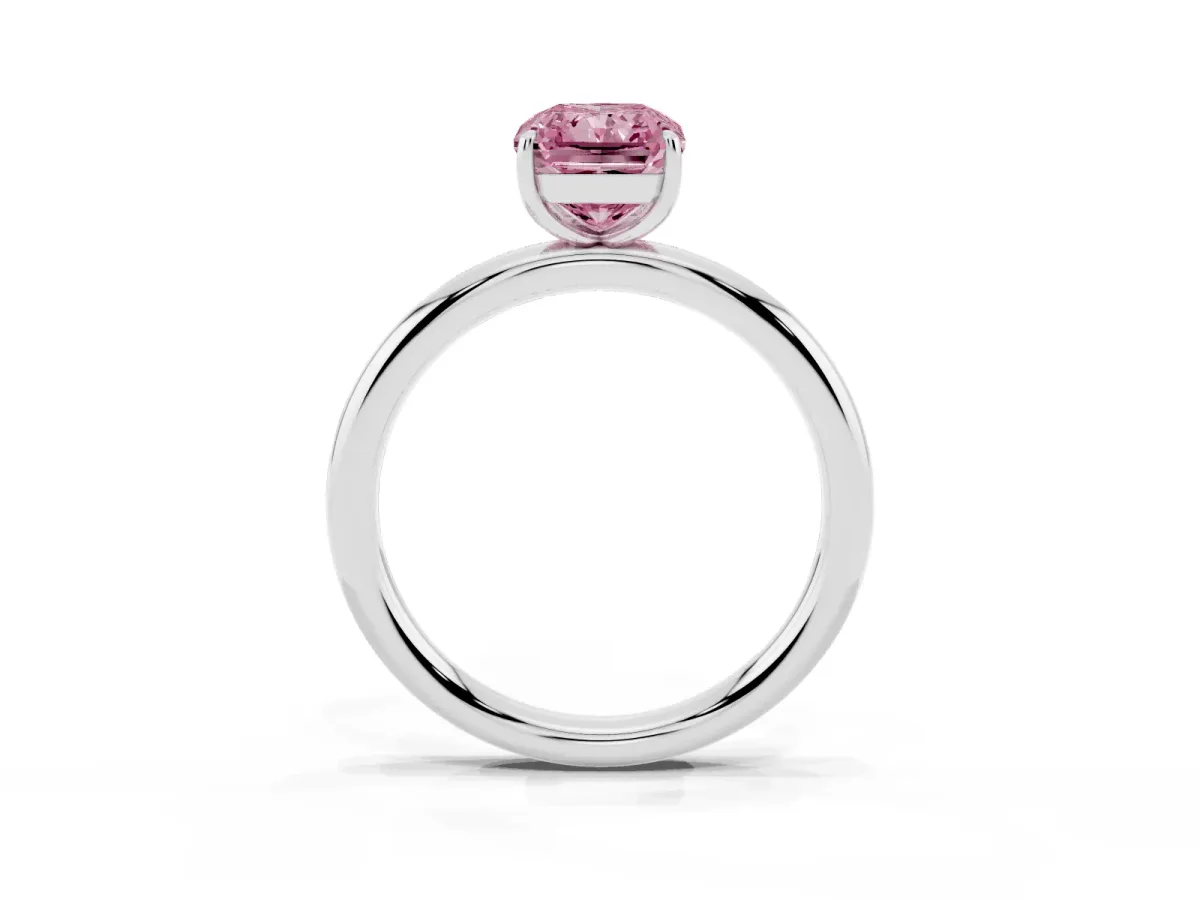 Fancy Pink Radiant Cut Solitaire Diamond Ring with Four-Prong Setting on a Plain Band Platinum