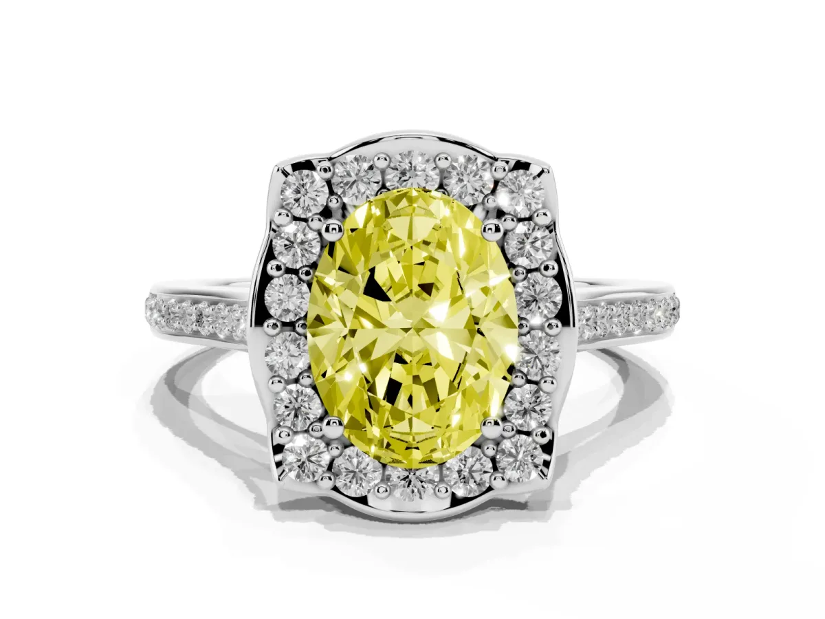 Fancy Yellow Oval Cut Halo Round Diamond Pave Band with Four-Prong Setting Silver