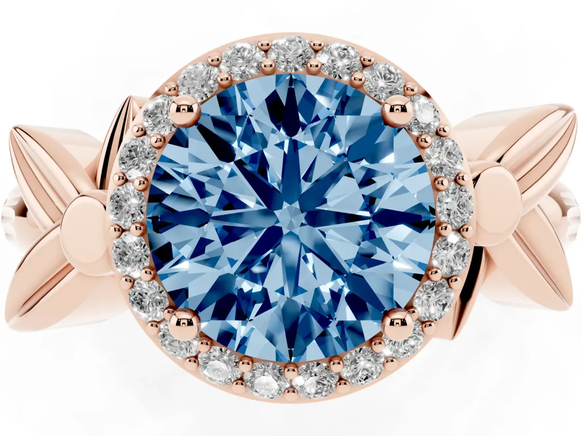 Fancy Blue Round Cut Halo Diamond Floral Band with Four-Prong Setting Rose gold