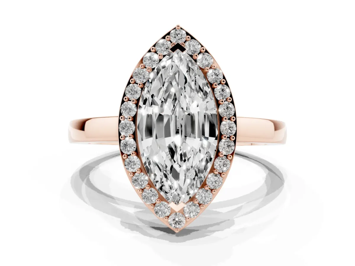 Marquise Cut Halo Diamond Ring with Solitaire Band and Prong Setting Rose gold