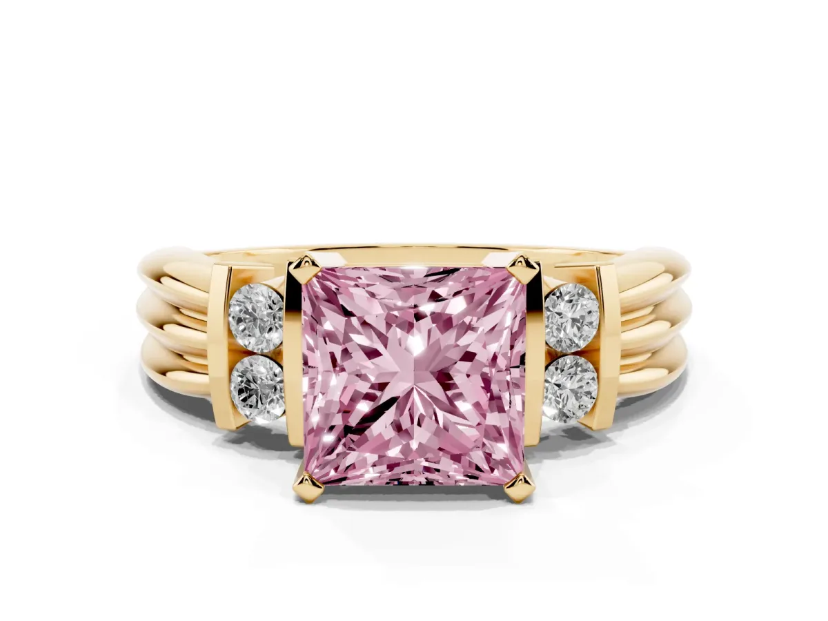 Fancy Pink Princess Cut Cut Three-Stone Channel Set Ring with Bar Prongs Yellow gold