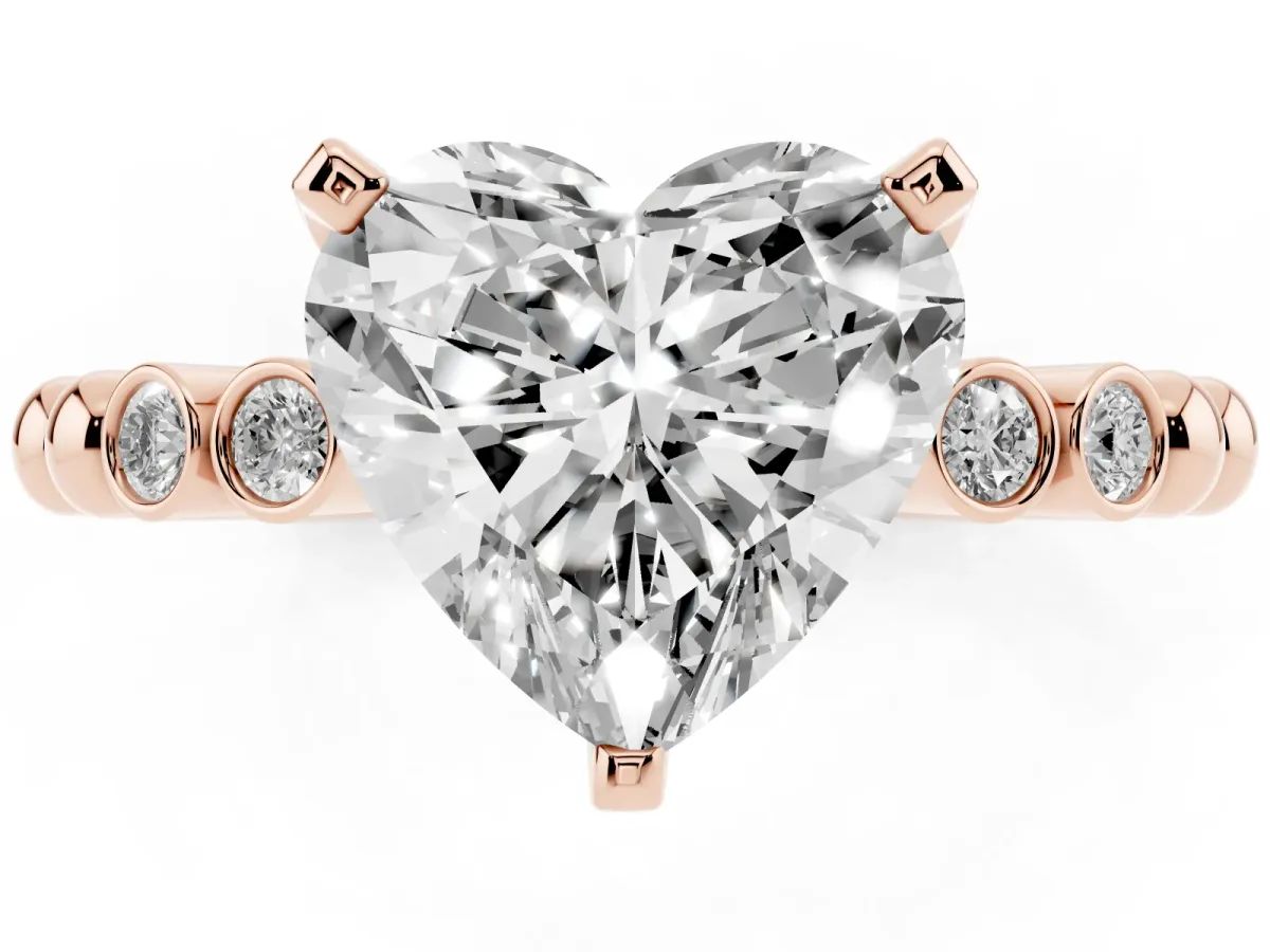 Heart Cut Solitaire Bezel Accent Diamond Engagement Ring with Beaded Band and Four-Prong Setting Rose gold