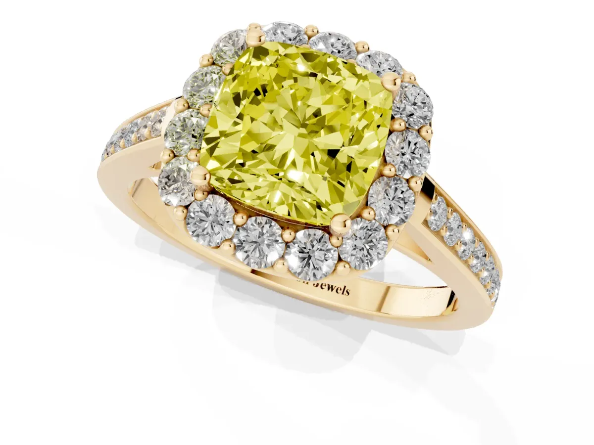 Fancy Yellow Cushion Cut Diamond Floral Halo Ring with Pavé Band and Prong Setting Yellow gold