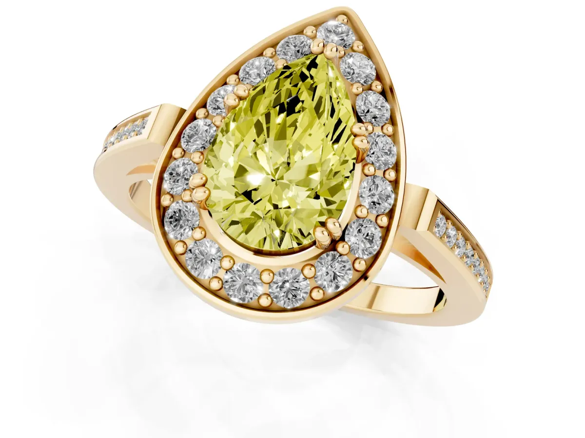 Fancy Yellow Pear Cut Diamond Halo Ring with Split Shank and Four-Prong Setting Yellow gold