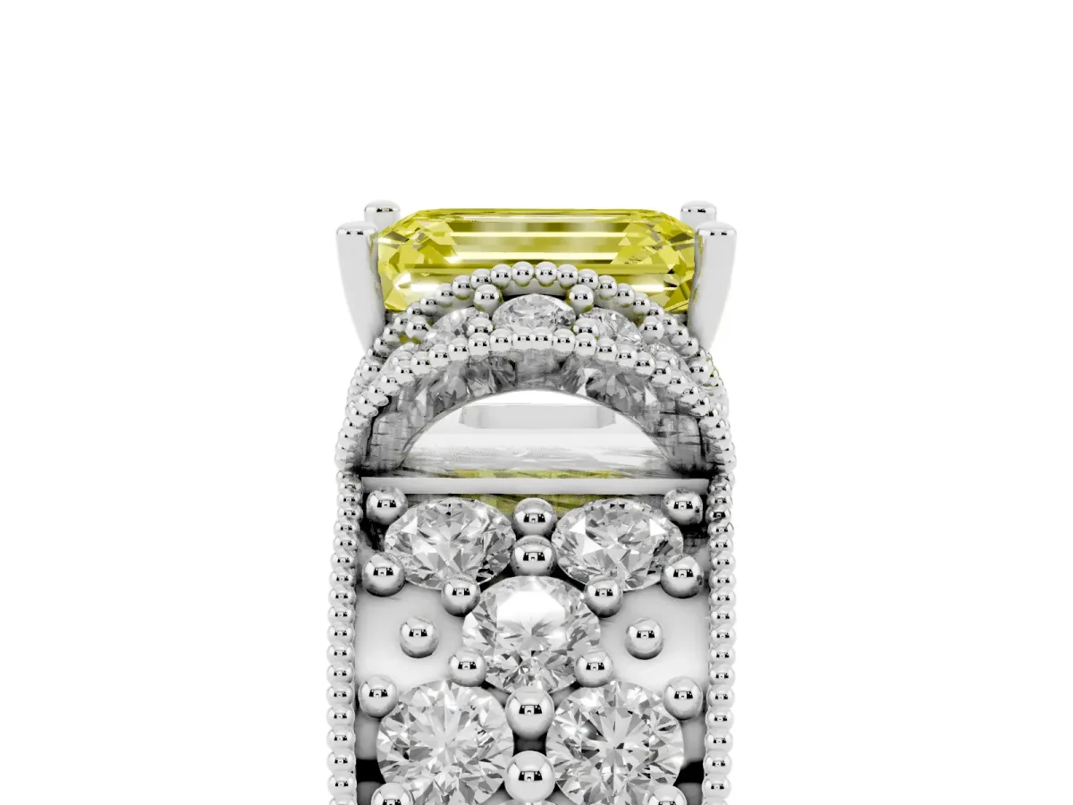 Fancy Yellow Emerald Cut Halo Pave Diamond Engagement Ring with Milgrain Detailing Silver