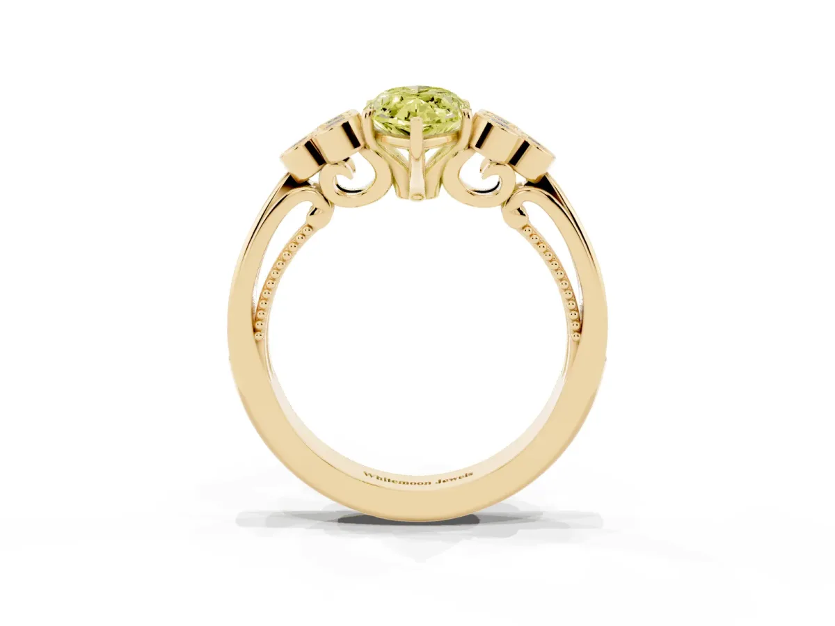 Fancy Yellow Marquise Cut Cut Diamond Engagement Ring with Bezel Set Round Side Stones and Prong Setting Yellow gold
