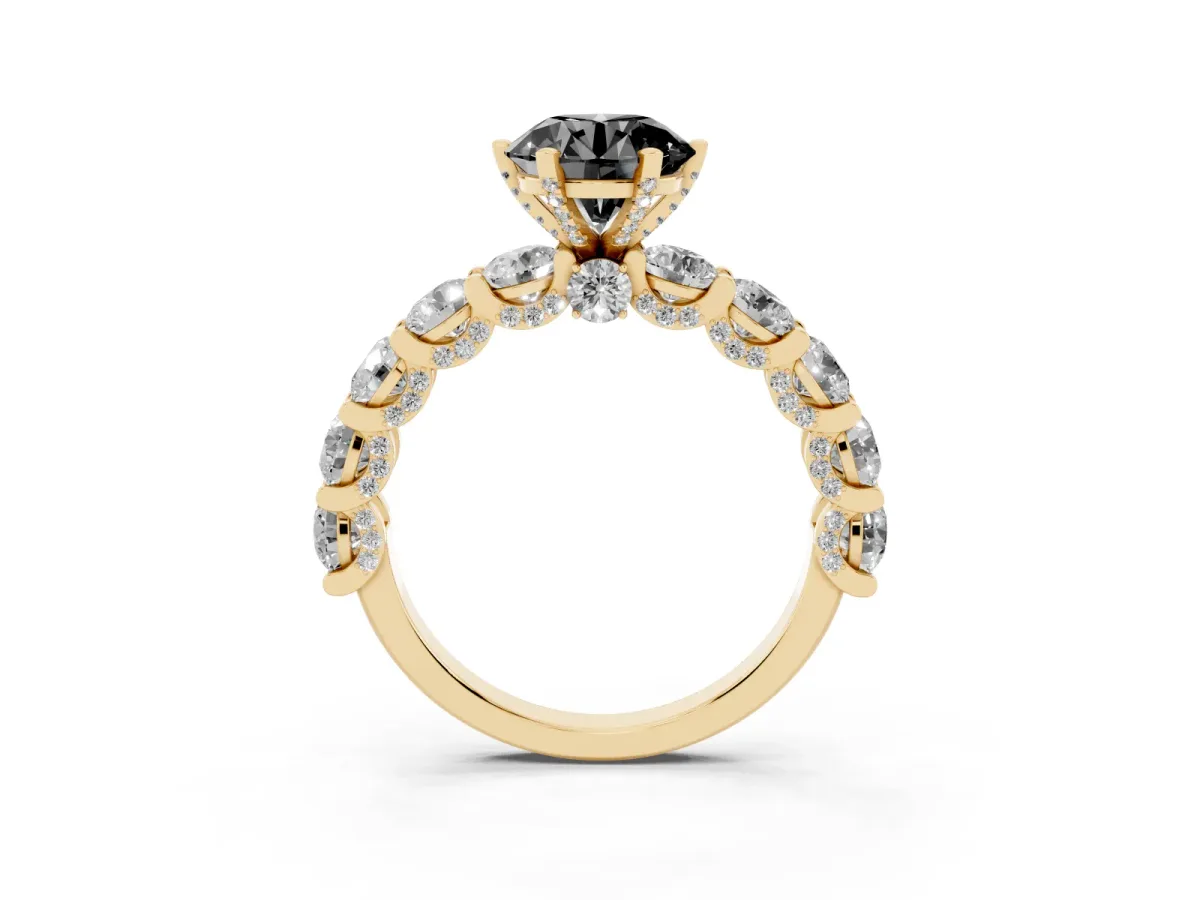 Fancy Black Round Cut Diamond Side Stone Engagement Ring with Four-Prong Setting Yellow gold
