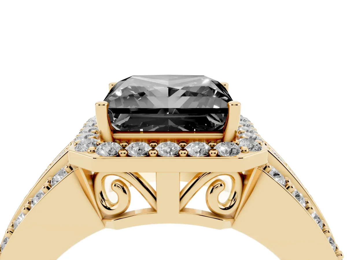 Fancy Black Princess Cut Halo Diamond Ring with Round Split Shank and Prong Setting Yellow gold