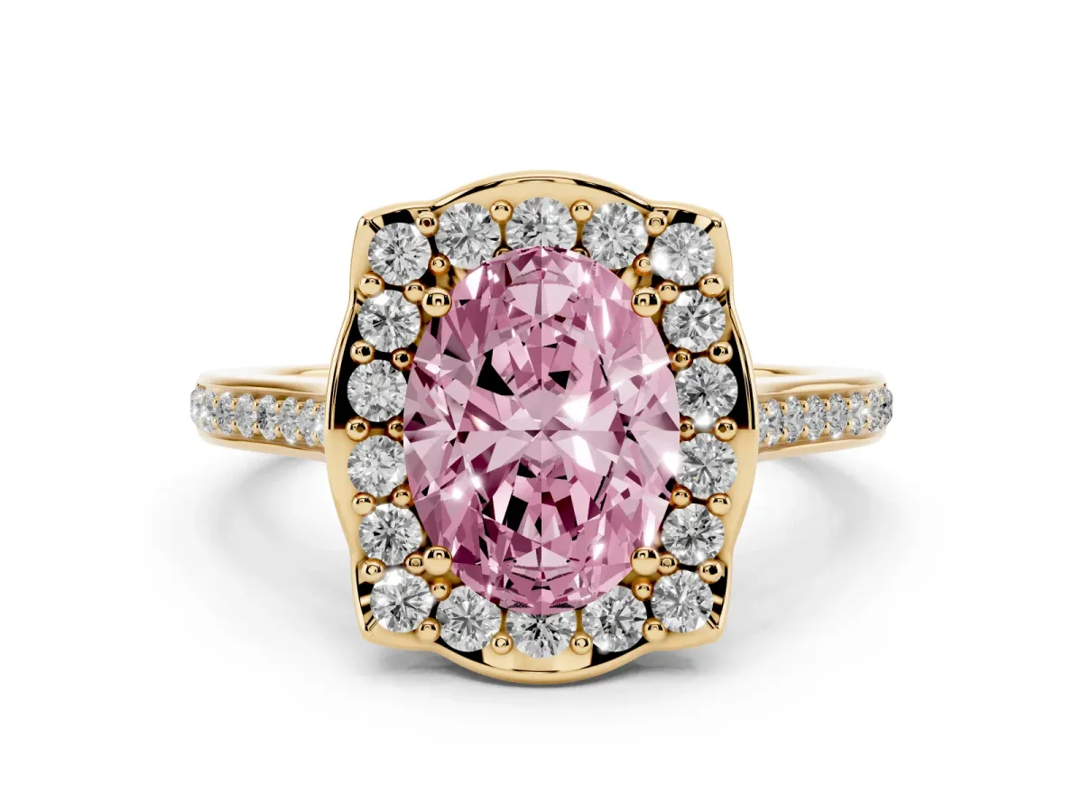 Fancy Pink Oval Cut Halo Round Diamond Pave Band with Four-Prong Setting Yellow gold