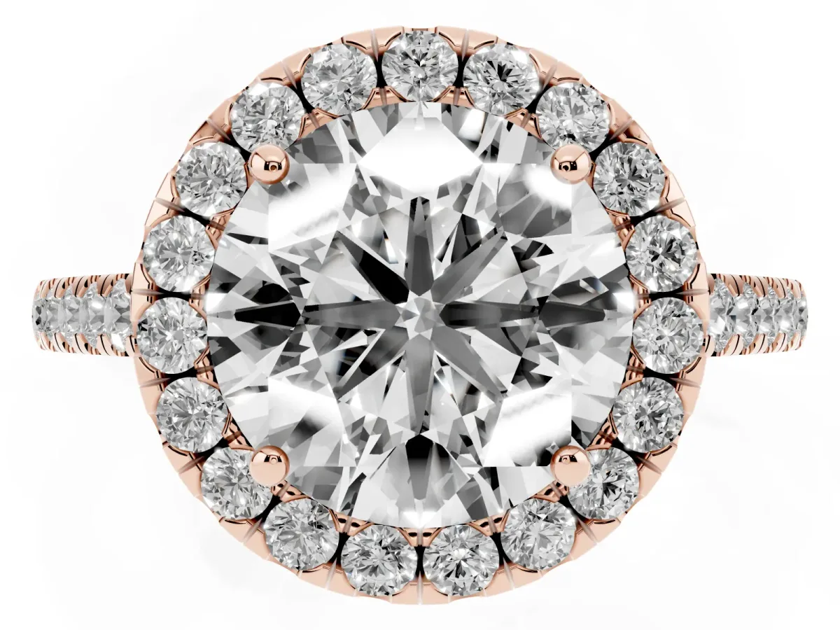 Round Cut Halo Pave Diamond Engagement Ring with Four-Prong Setting Rose gold