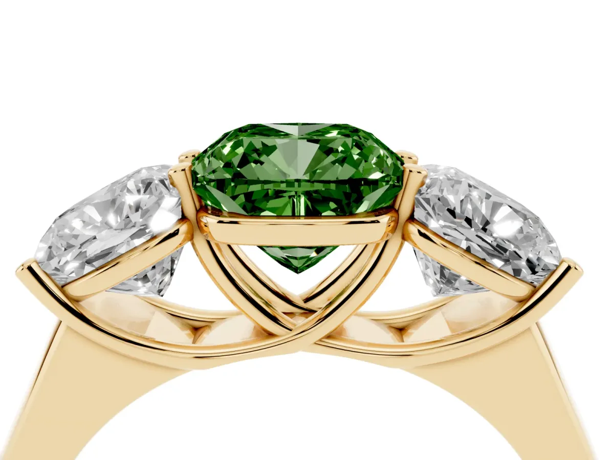 Fancy Green Cushion Cut Three-Stone Diamond Ring with Prong Setting on a Classic Band Yellow gold