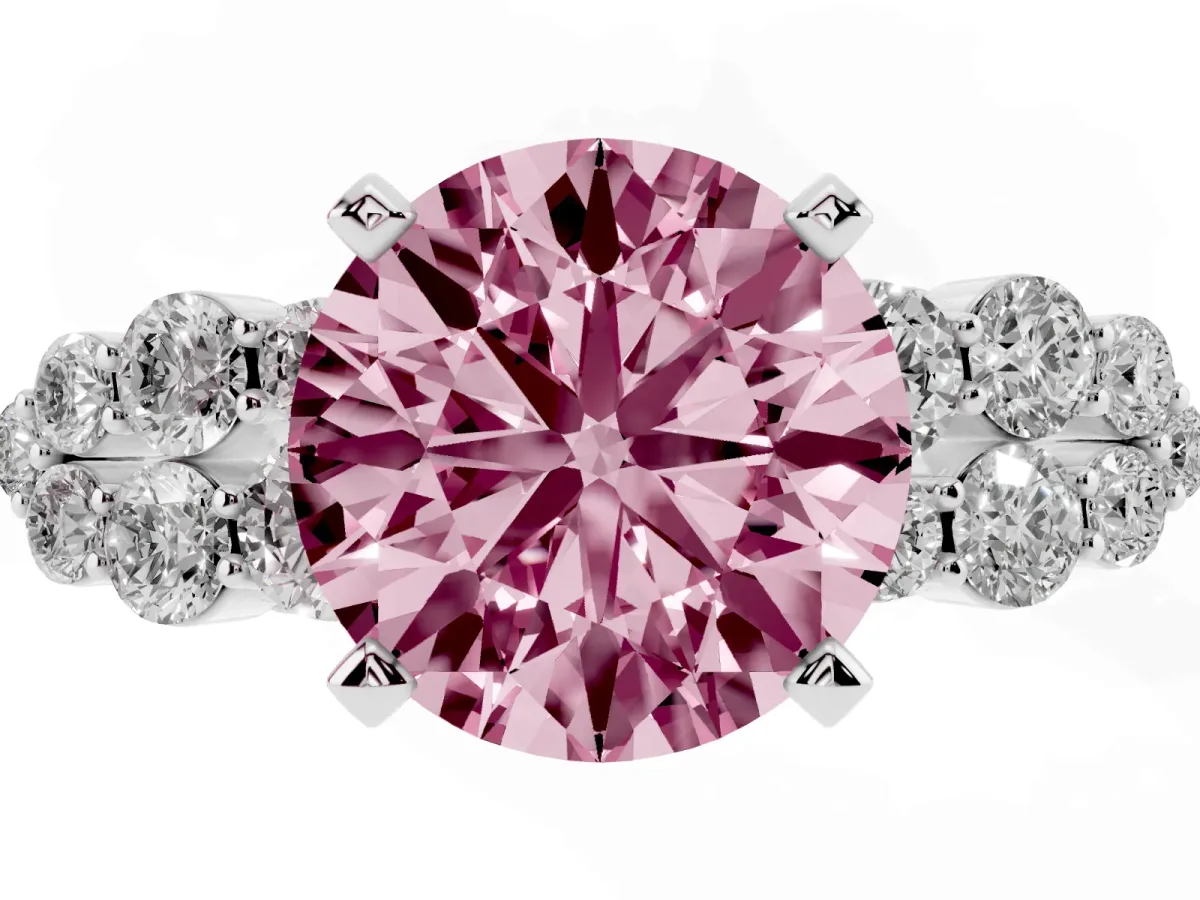 Fancy Pink Round Cut Cluster Diamond Engagement Ring with Pavé Band and Four-Prong Setting Platinum