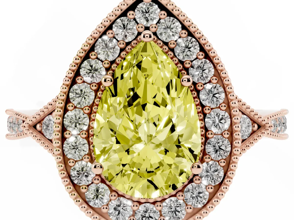 Fancy Yellow Pear Cut Halo Round Diamond Milgrain Pave Engagement Ring Rose gold