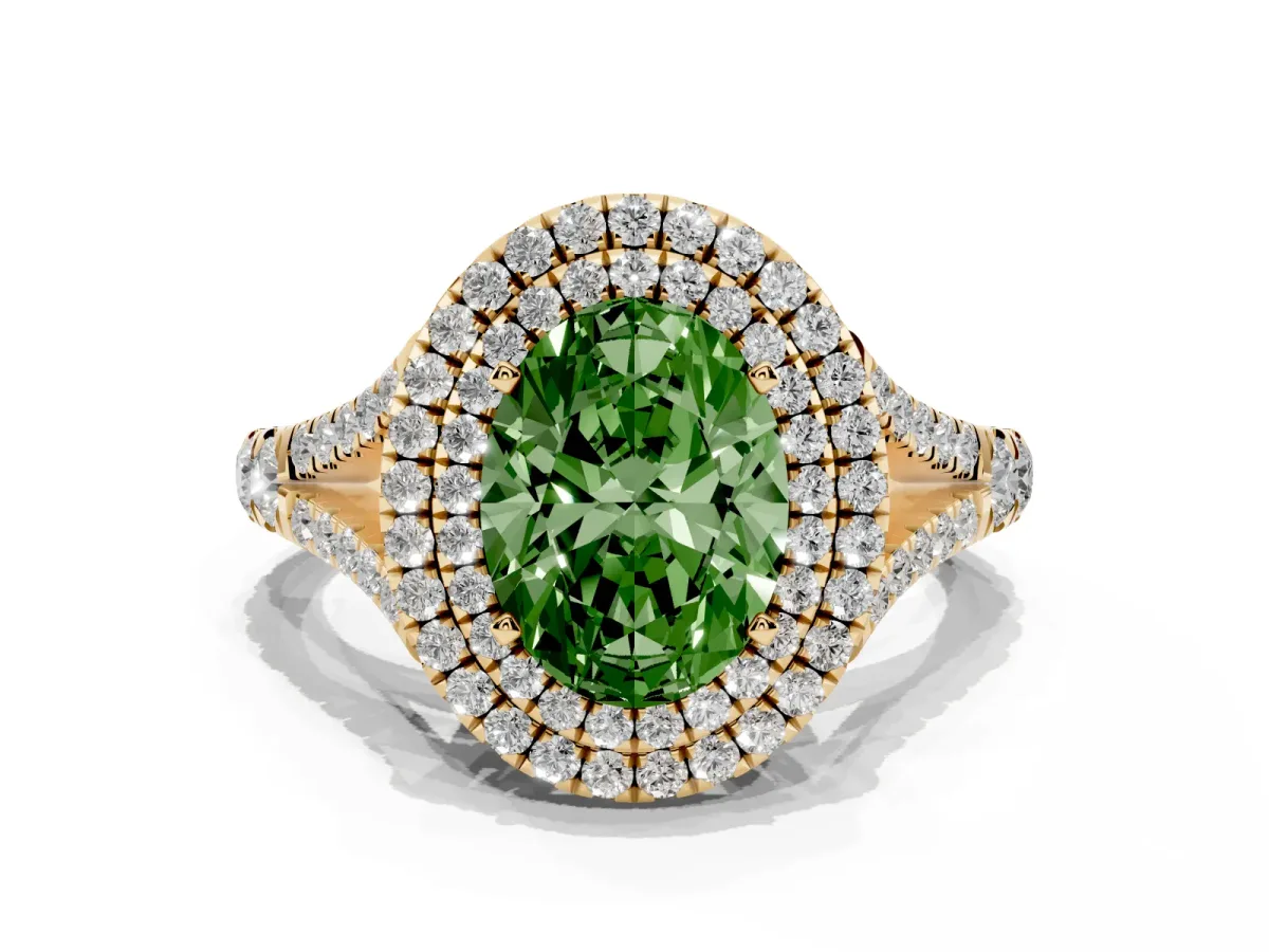 Fancy Green Oval Cut Cut Double Halo Split Shank Diamond Ring with Prong Setting Yellow gold